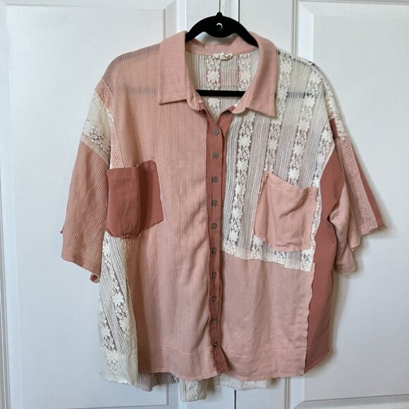 POL Shirt Womens L Oversized Thermal Lace Button Down Top Blush Pink Boho - Picture 10 of 12